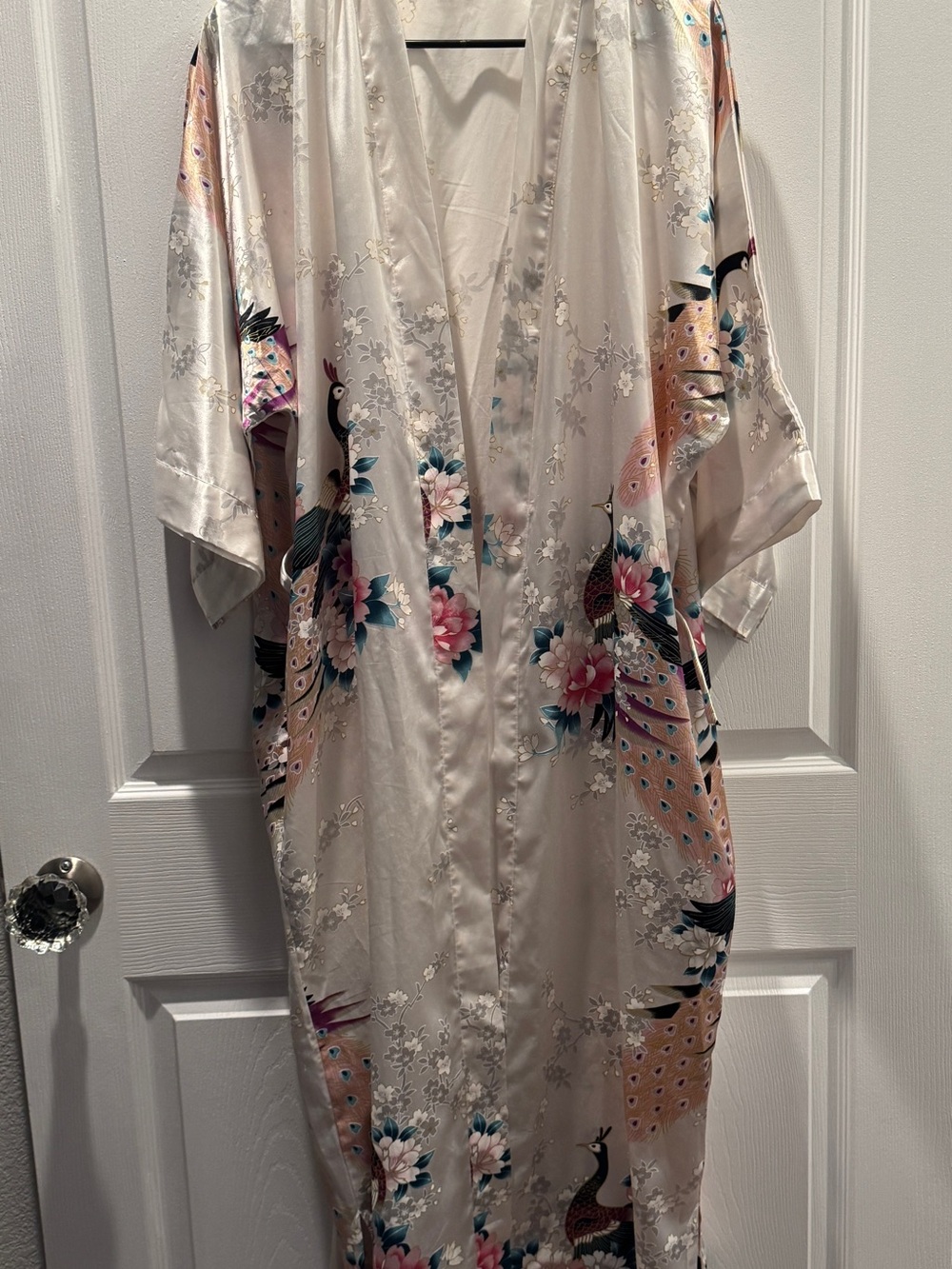 Ivory Floral & Peacock Satin Kimono Robe